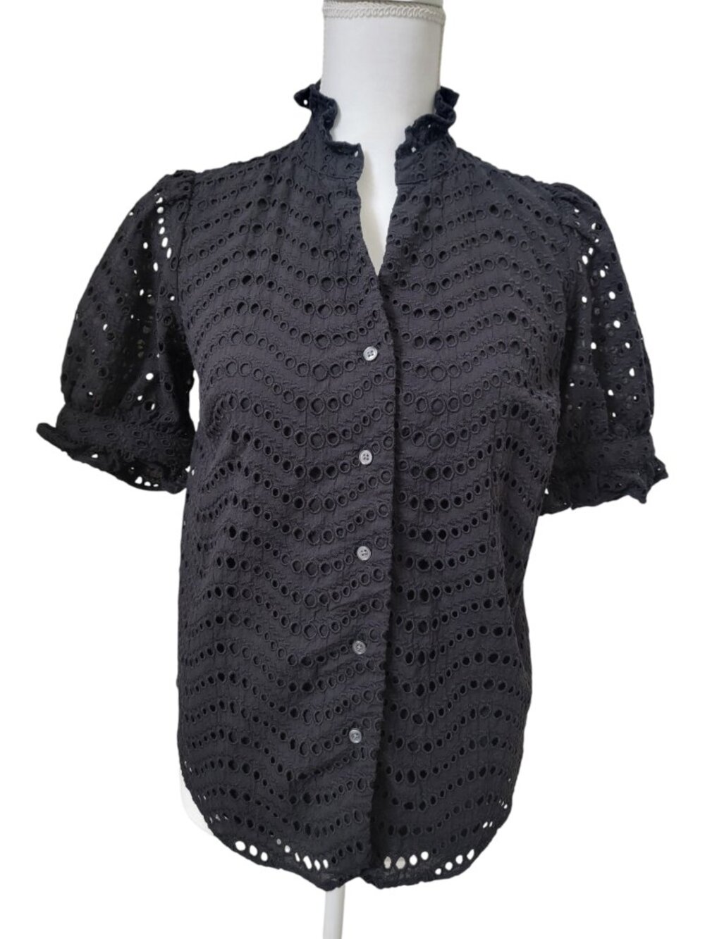 Ann Taylor Size XS Black Eyelet Ruffle Collar Top